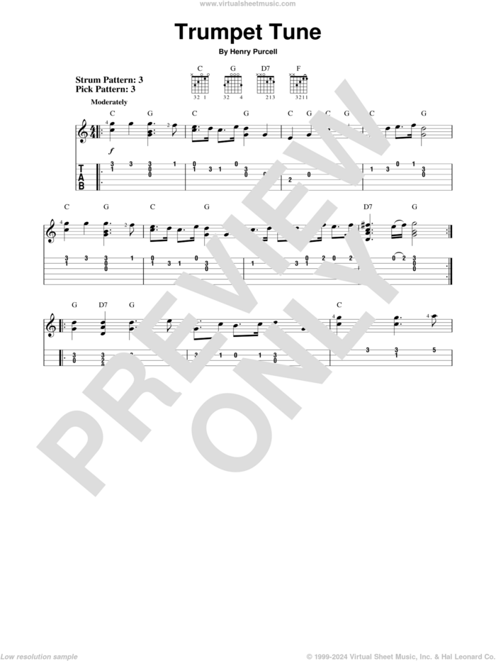 Trumpet Tune sheet music for guitar solo (easy tablature) by Henry Purcell, classical score, easy guitar (easy tablature)