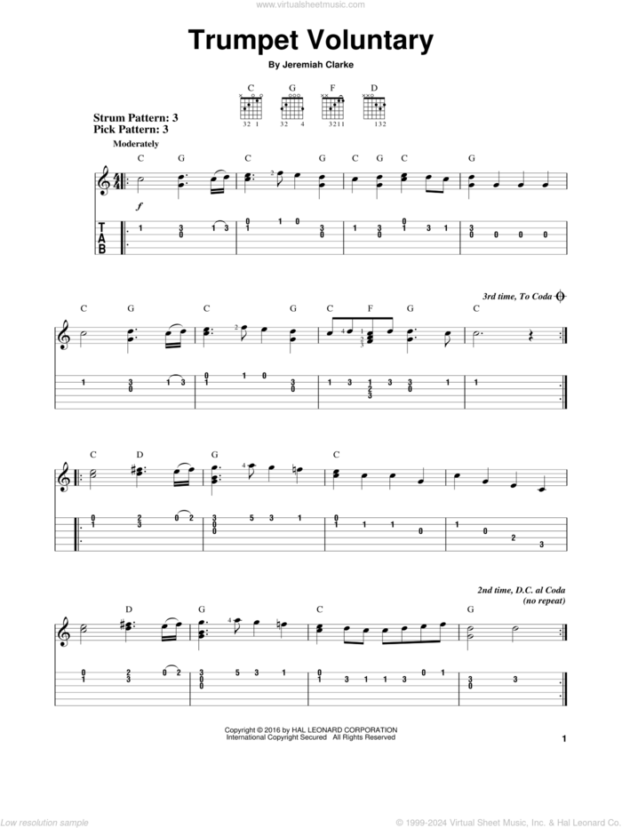 Trumpet Voluntary sheet music for guitar solo (easy tablature) by Jeremiah Clarke, classical score, easy guitar (easy tablature)