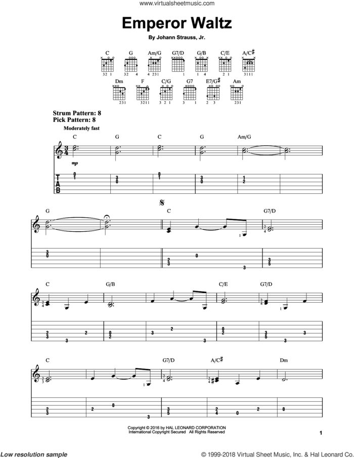 Emperor Waltz sheet music for guitar solo (easy tablature) by Johann Strauss, Jr., classical score, easy guitar (easy tablature)