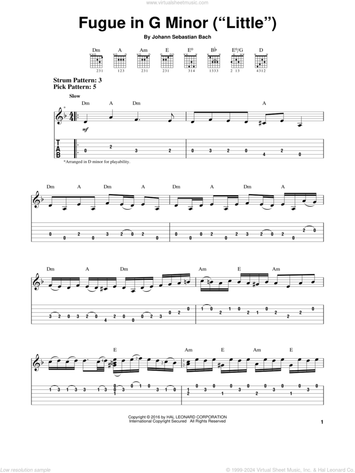 Fugue In G Minor (Little) sheet music for guitar solo (easy tablature) by Johann Sebastian Bach, classical score, easy guitar (easy tablature)