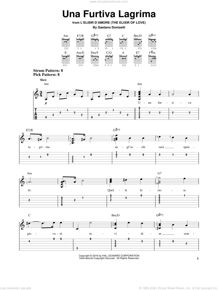 Una Furtiva Lagrima sheet music for guitar solo (easy tablature) by Gaetano Donizetti, classical score, easy guitar (easy tablature)