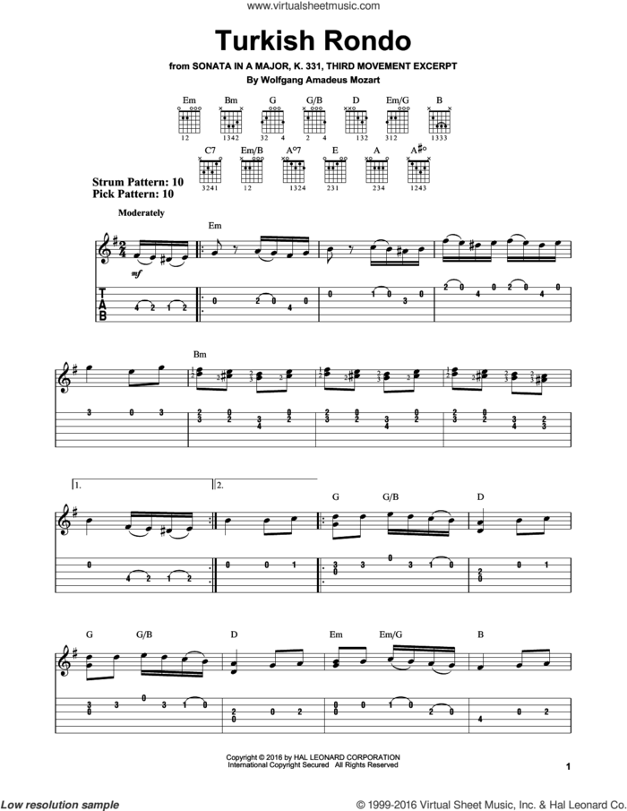 Turkish Rondo sheet music for guitar solo (easy tablature) by Wolfgang Amadeus Mozart, classical score, easy guitar (easy tablature)