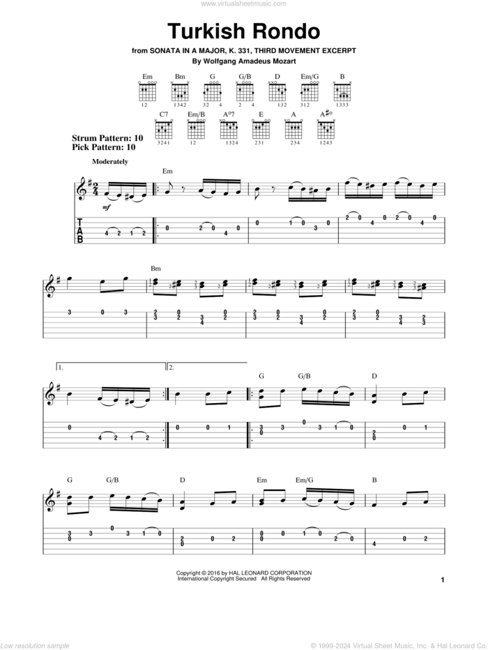 Turkish Rondo sheet music for guitar solo (easy tablature) by Wolfgang Amadeus Mozart, classical score, easy guitar (easy tablature)