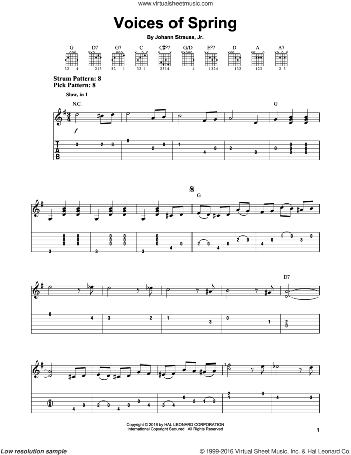 Voices Of Spring sheet music for guitar solo (easy tablature) by Johann Strauss, Jr., classical score, easy guitar (easy tablature)