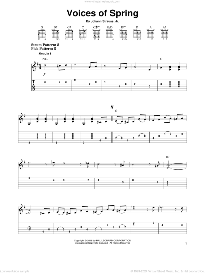 Voices Of Spring sheet music for guitar solo (easy tablature) by Johann Strauss, Jr., classical score, easy guitar (easy tablature)