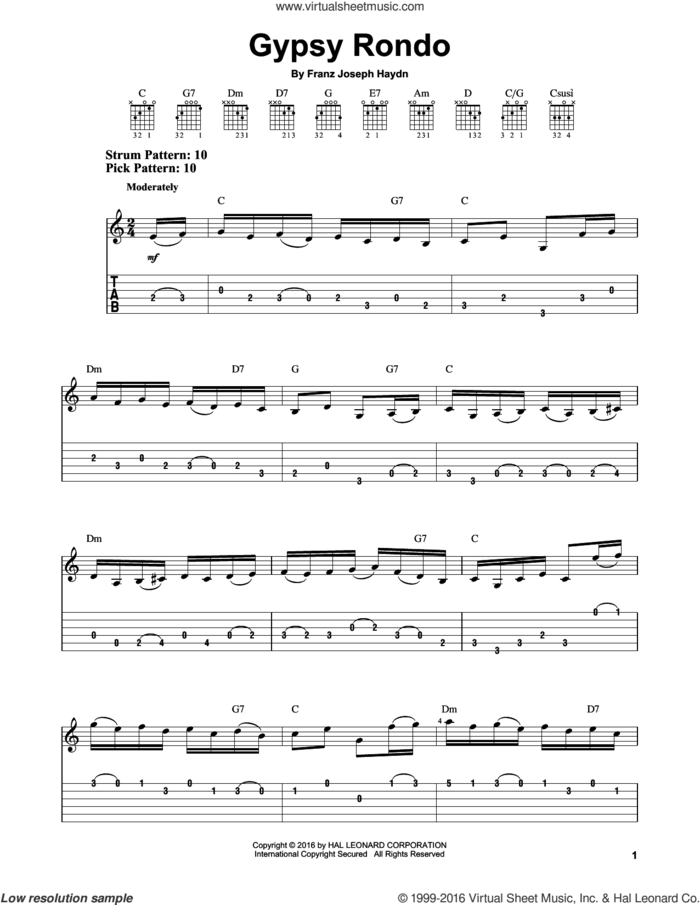Gypsy Rondo sheet music for guitar solo (easy tablature) by Franz Joseph Haydn, classical score, easy guitar (easy tablature)