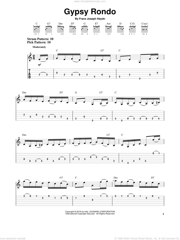 Gypsy Rondo sheet music for guitar solo (easy tablature) by Franz Joseph Haydn, classical score, easy guitar (easy tablature)