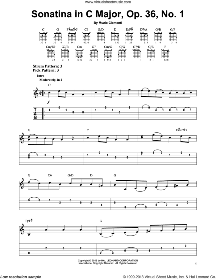 Sonatina In C Major, Op. 36, No. 1 sheet music for guitar solo (easy tablature) by Muzio Clementi, classical score, easy guitar (easy tablature)