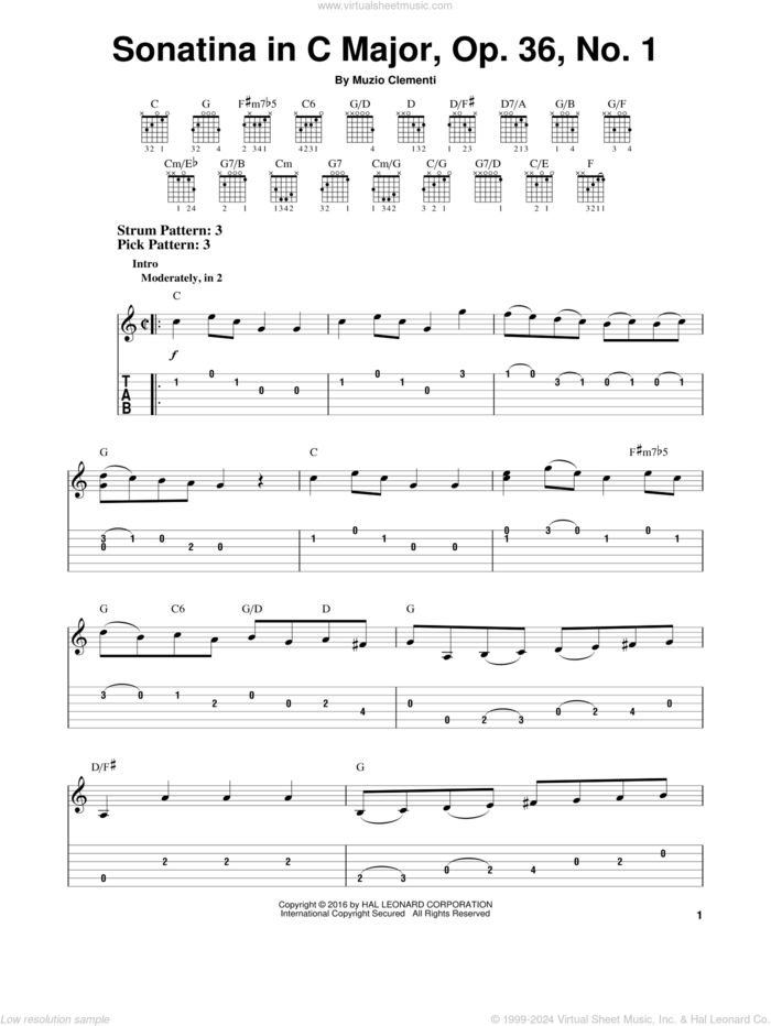 Sonatina In C Major, Op. 36, No. 1 sheet music for guitar solo (easy tablature) by Muzio Clementi, classical score, easy guitar (easy tablature)