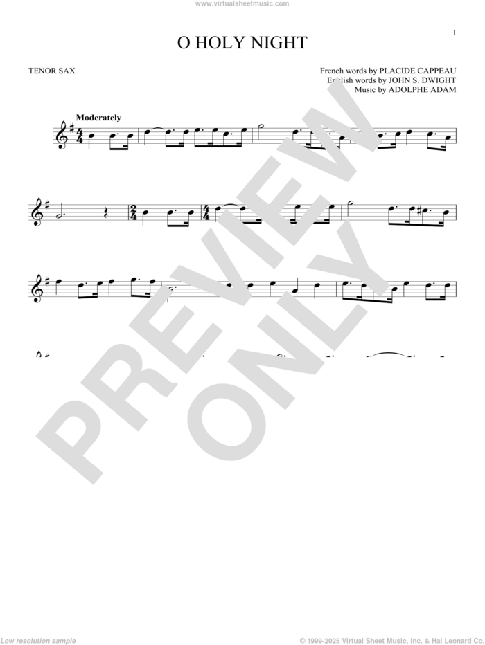 O Holy Night sheet music for tenor saxophone solo by Adolphe Adam, John S. Dwight (trans.) and Placide Cappeau  (French), intermediate skill level