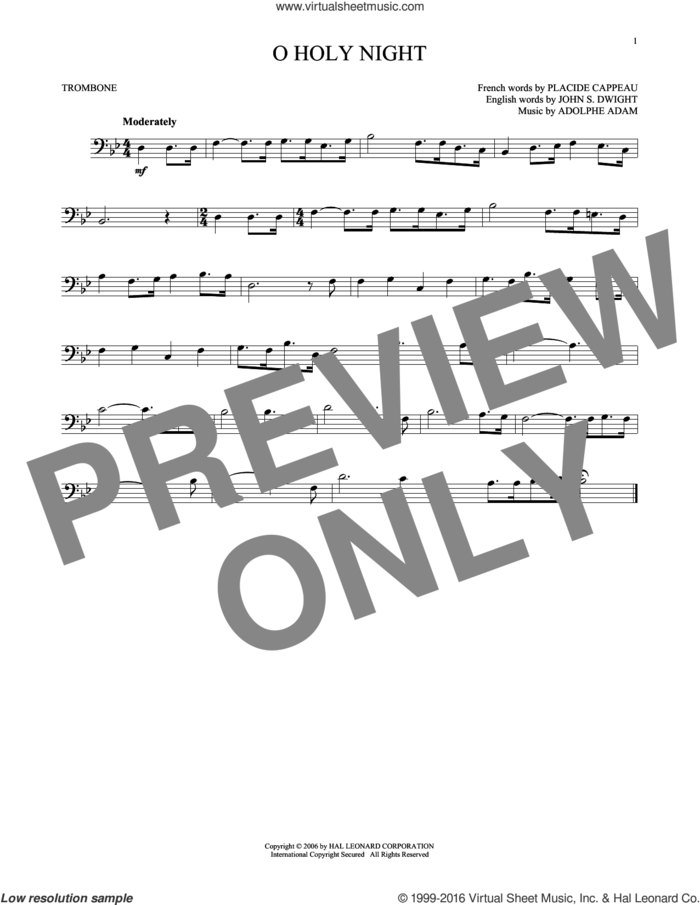 O Holy Night sheet music for trombone solo by Adolphe Adam, John S. Dwight (trans.) and Placide Cappeau  (French), intermediate skill level