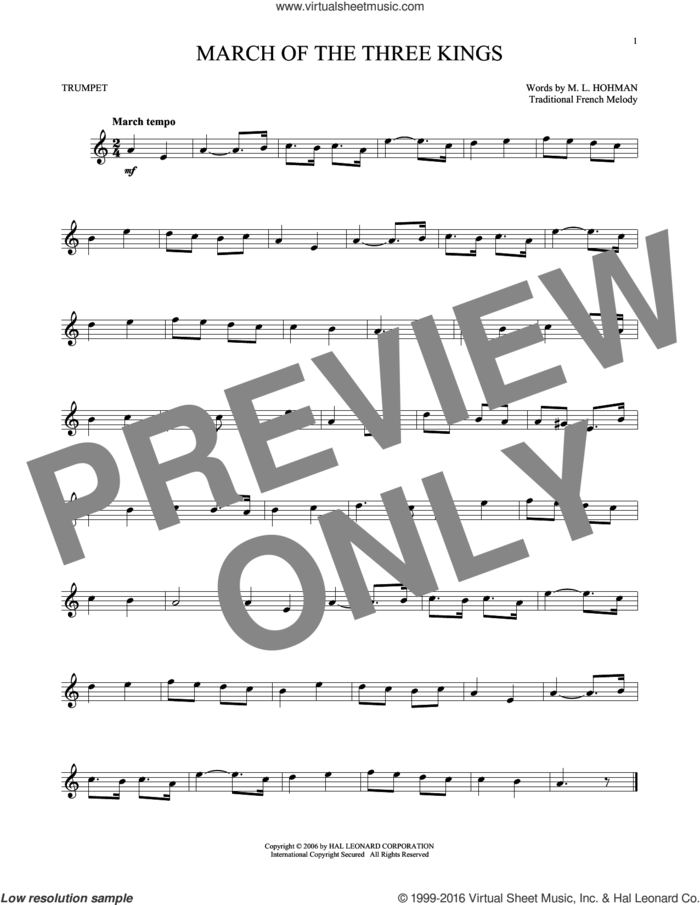 March Of The Three Kings sheet music for trumpet solo by M.L. Hohman and Miscellaneous, intermediate skill level