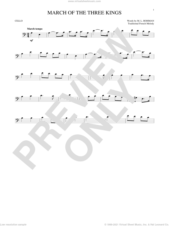 March Of The Three Kings sheet music for cello solo by M.L. Hohman and Miscellaneous, intermediate skill level