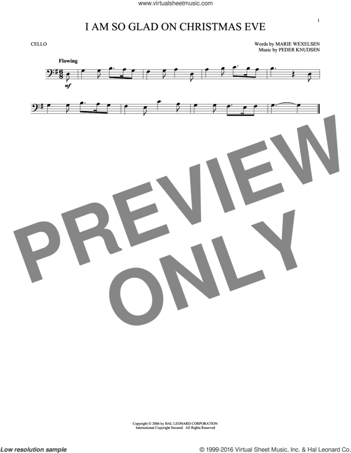 I Am So Glad On Christmas Eve sheet music for cello solo by Marie Wexelsen and Peder Knudsen, intermediate skill level