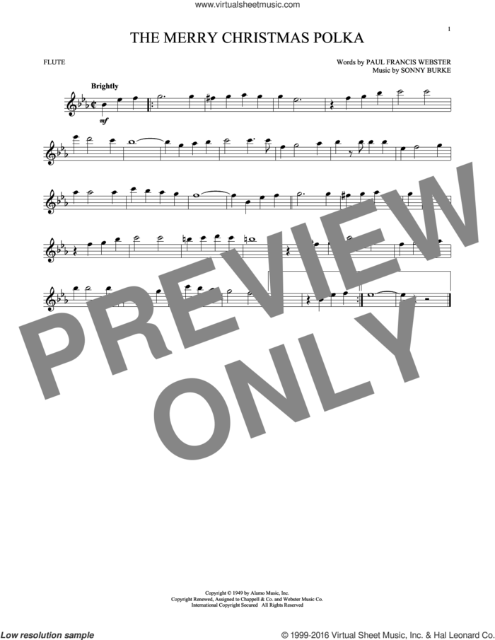 The Merry Christmas Polka sheet music for flute solo by Paul Francis Webster and Sonny Burke, intermediate skill level