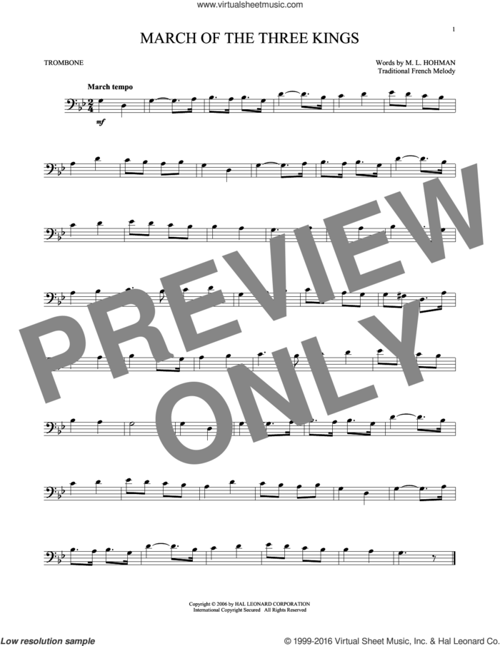 March Of The Three Kings sheet music for trombone solo by M.L. Hohman and Miscellaneous, intermediate skill level