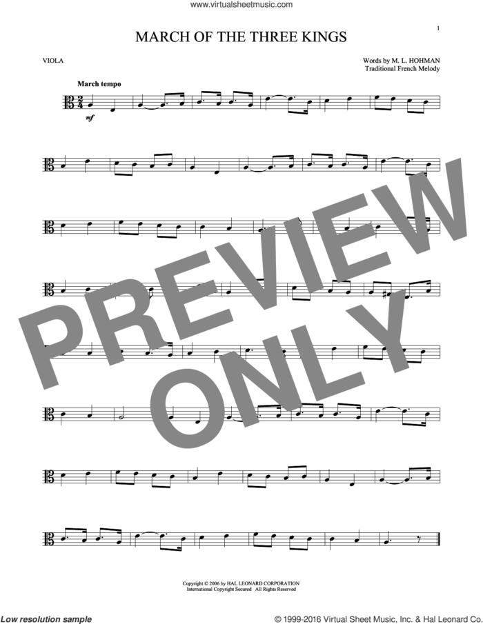 March Of The Three Kings sheet music for viola solo by M.L. Hohman and Miscellaneous, intermediate skill level