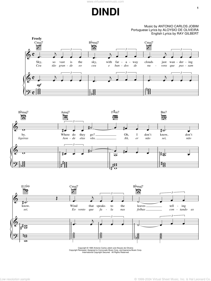 Dindi sheet music for voice, piano or guitar by Antonio Carlos Jobim, Frank Sinatra, Aloysio de Oliveira and Ray Gilbert, intermediate skill level
