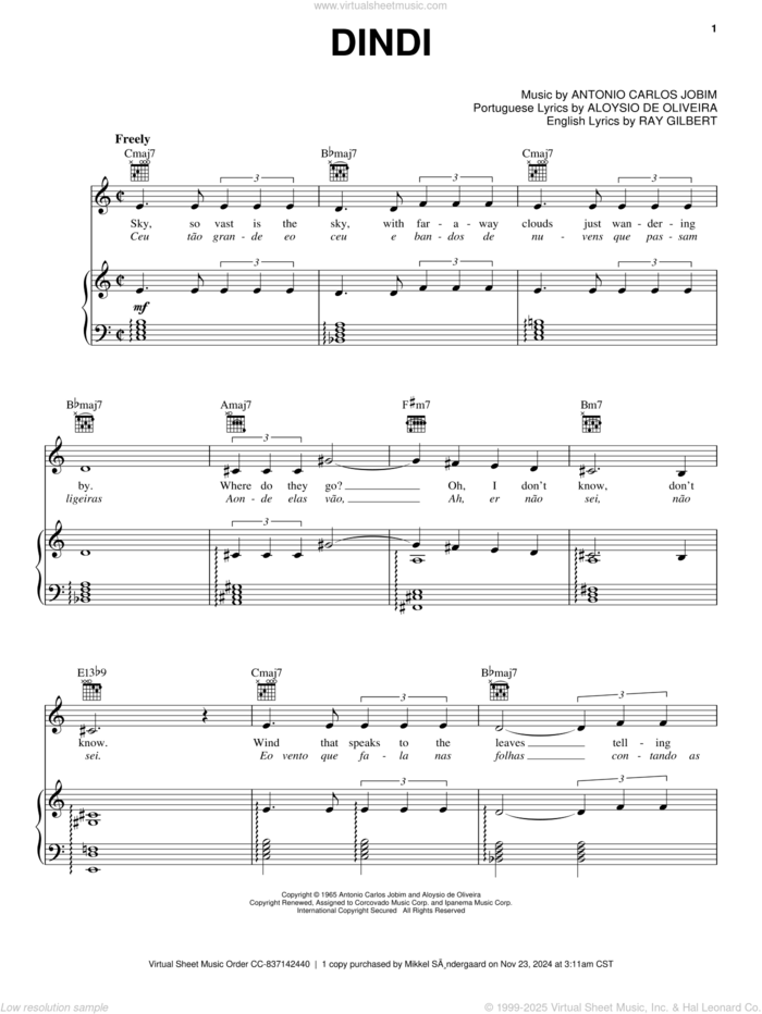 Dindi sheet music for voice, piano or guitar by Antonio Carlos Jobim, Frank Sinatra, Aloysio de Oliveira and Ray Gilbert, intermediate skill level