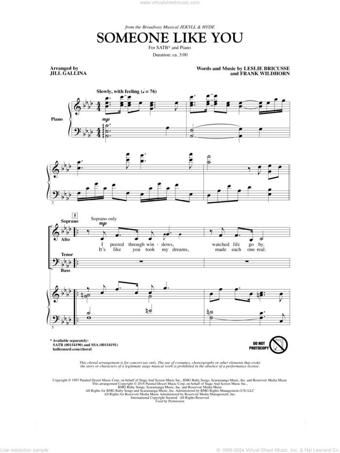 Someone Like You (arr. Jill Gallina) sheet music for choir (SATB: soprano, alto, tenor, bass) by Leslie Bricusse, Jill Gallina, Linda Eder and Frank Wildhorn, intermediate skill level