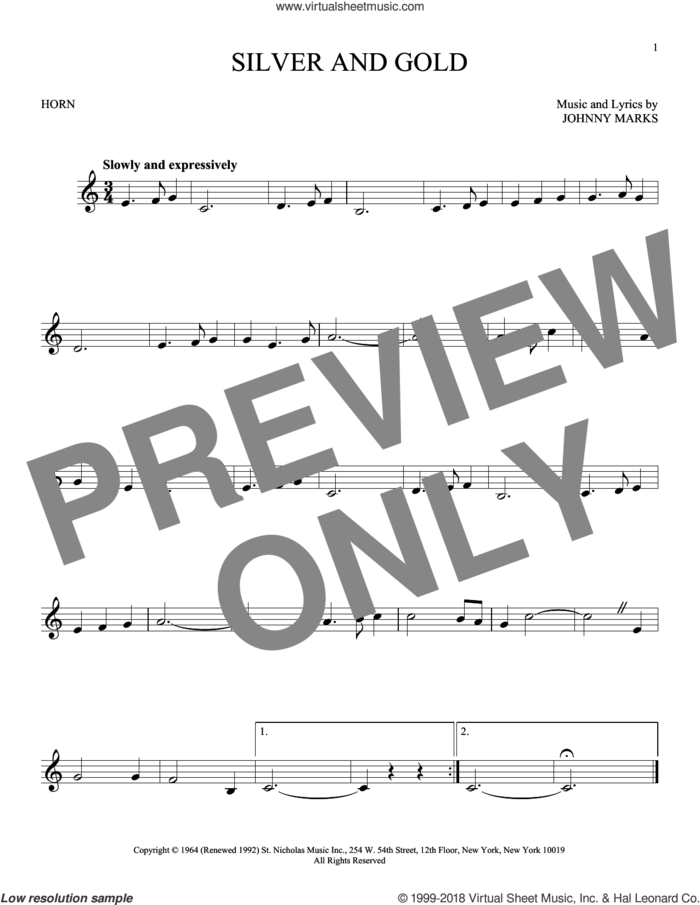 Silver And Gold sheet music for horn solo by Johnny Marks, intermediate skill level