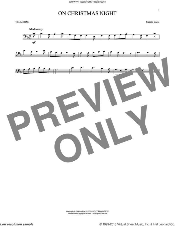 On Christmas Night sheet music for trombone solo, intermediate skill level