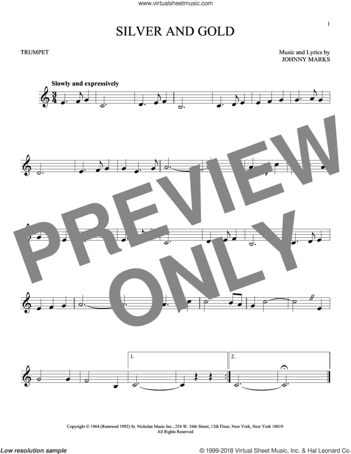 Silver And Gold sheet music for trumpet solo by Johnny Marks, intermediate skill level