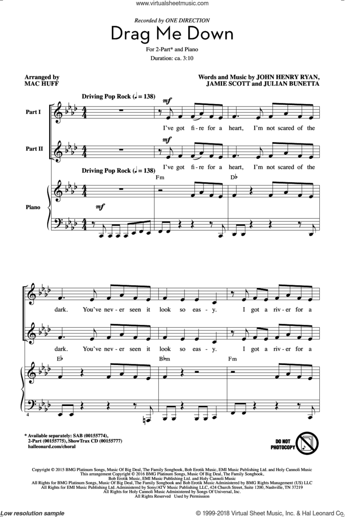 Drag Me Down (arr. Mac Huff) sheet music for choir (2-Part) by Jamie Scott, Mac Huff, One Direction, John Henry Ryan and Julian Bunetta, intermediate duet