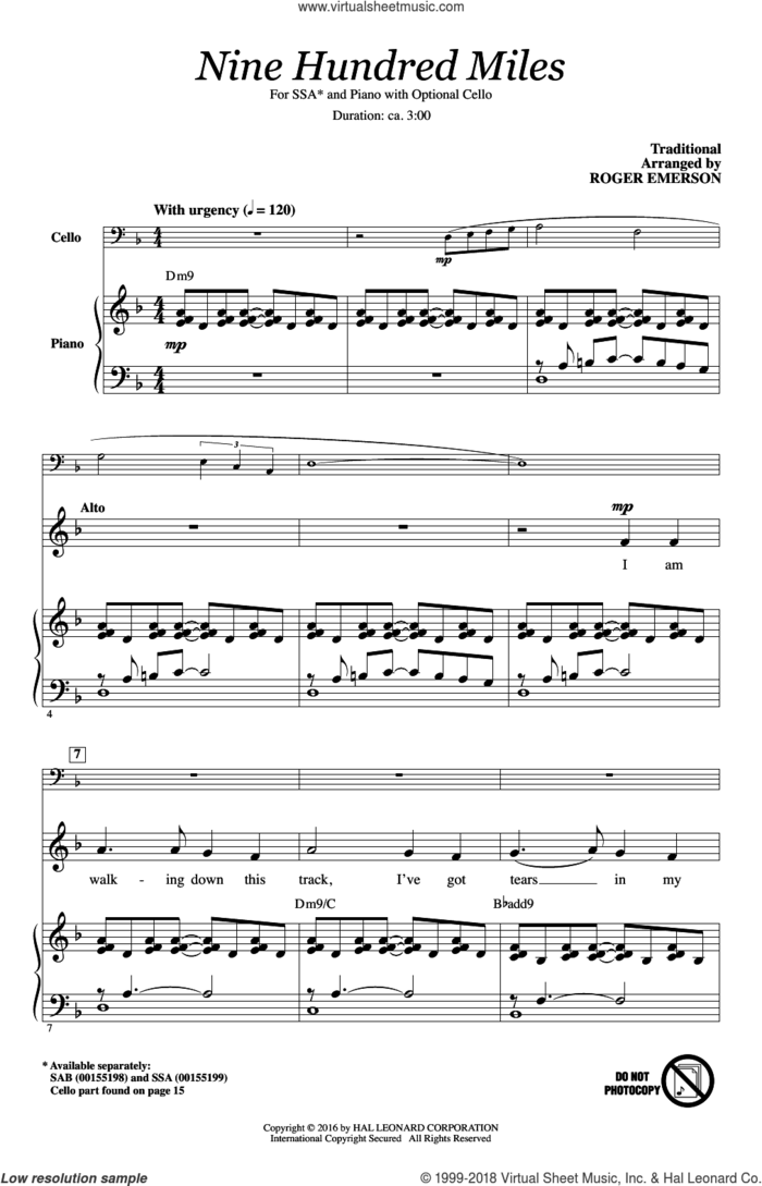 Nine Hundred Miles sheet music for choir (SSA: soprano, alto) by Roger Emerson, intermediate skill level