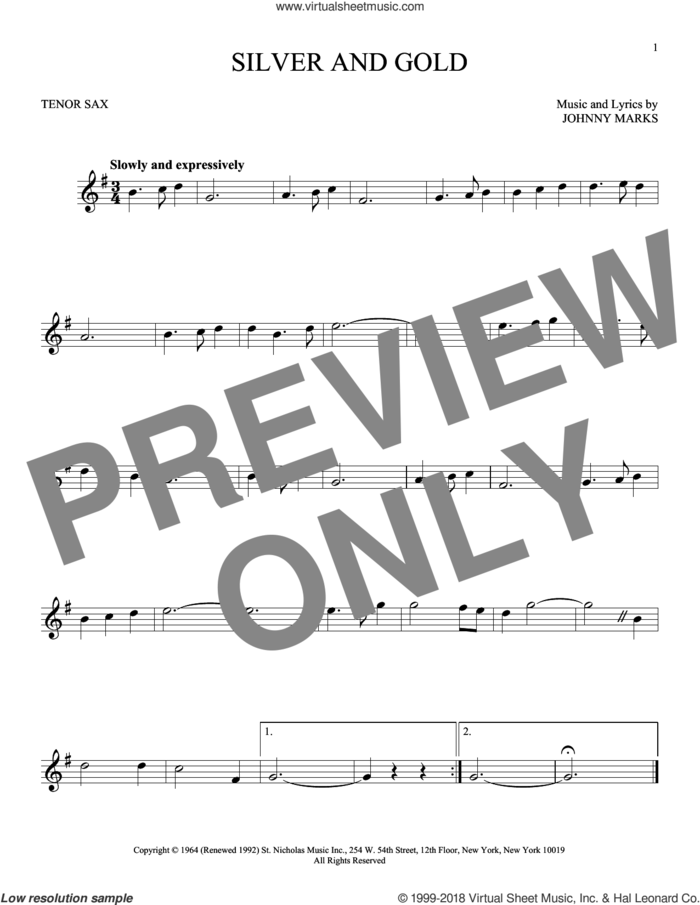 Silver And Gold sheet music for tenor saxophone solo by Johnny Marks, intermediate skill level