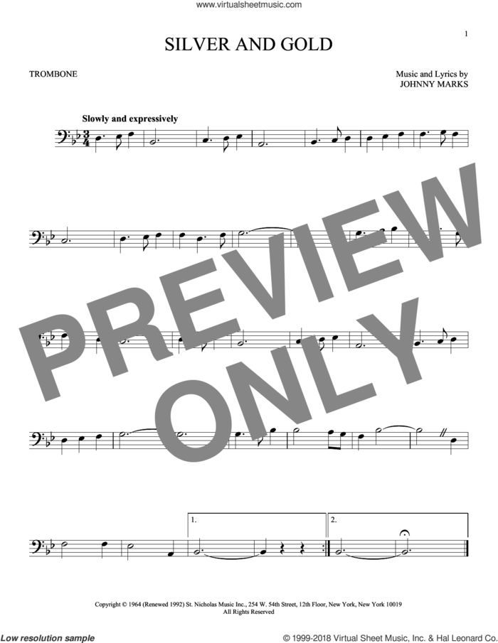Silver And Gold sheet music for trombone solo by Johnny Marks, intermediate skill level