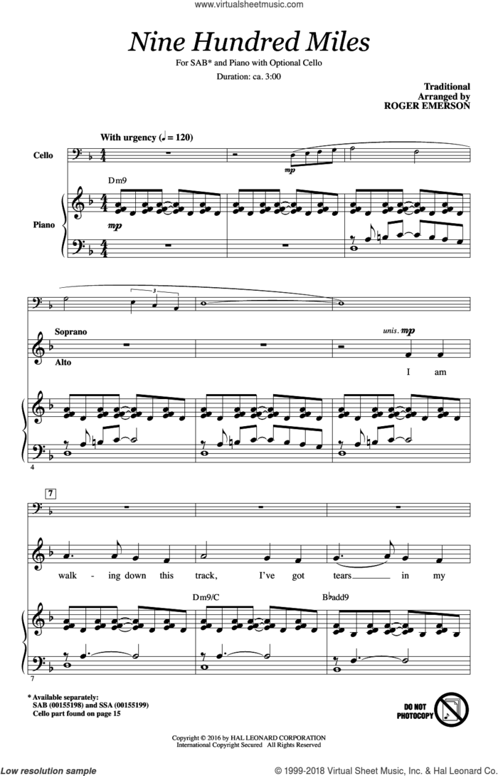 Nine Hundred Miles sheet music for choir (SAB: soprano, alto, bass) by Roger Emerson, intermediate skill level