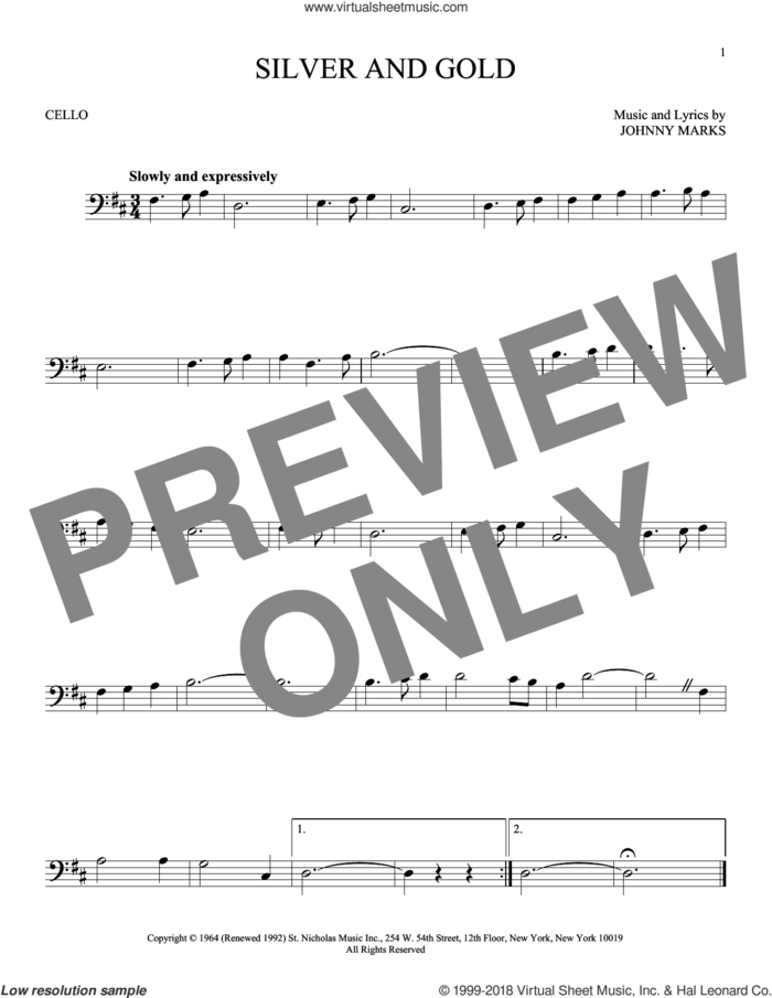 Silver And Gold sheet music for cello solo by Johnny Marks, intermediate skill level