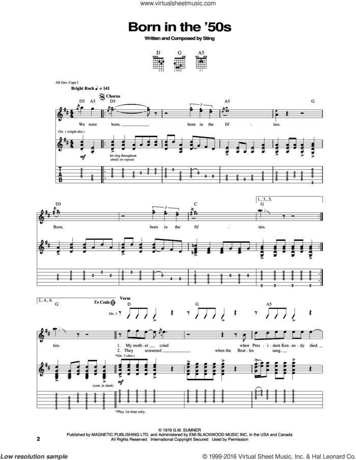 Born In The 50's sheet music for guitar (tablature) by The Police and Sting, intermediate skill level