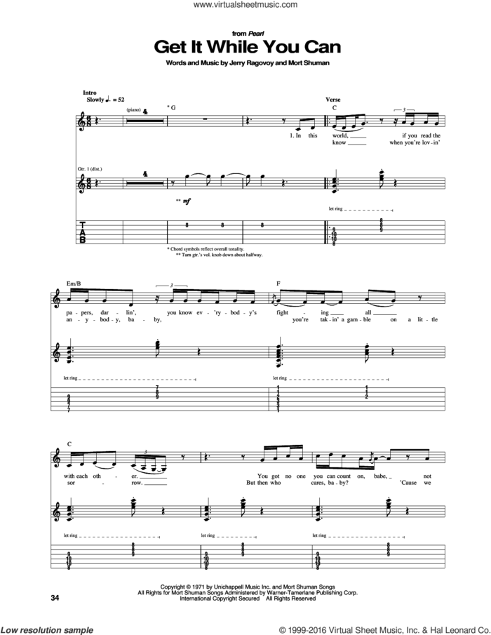 Get It While You Can sheet music for guitar (tablature) by Janis Joplin, Jerry Ragovoy and Mort Shuman, intermediate skill level