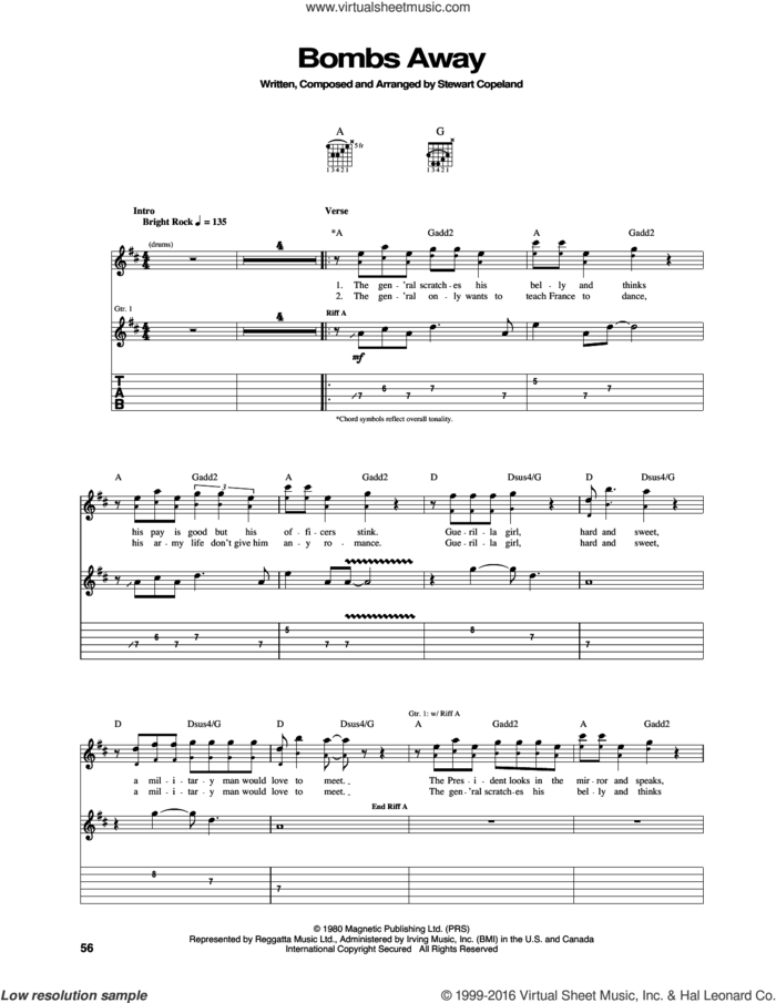 Bombs Away sheet music for guitar (tablature) by The Police and Stewart Copeland, intermediate skill level