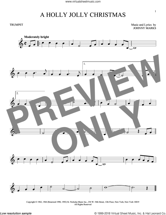 A Holly Jolly Christmas sheet music for trumpet solo by Johnny Marks, intermediate skill level