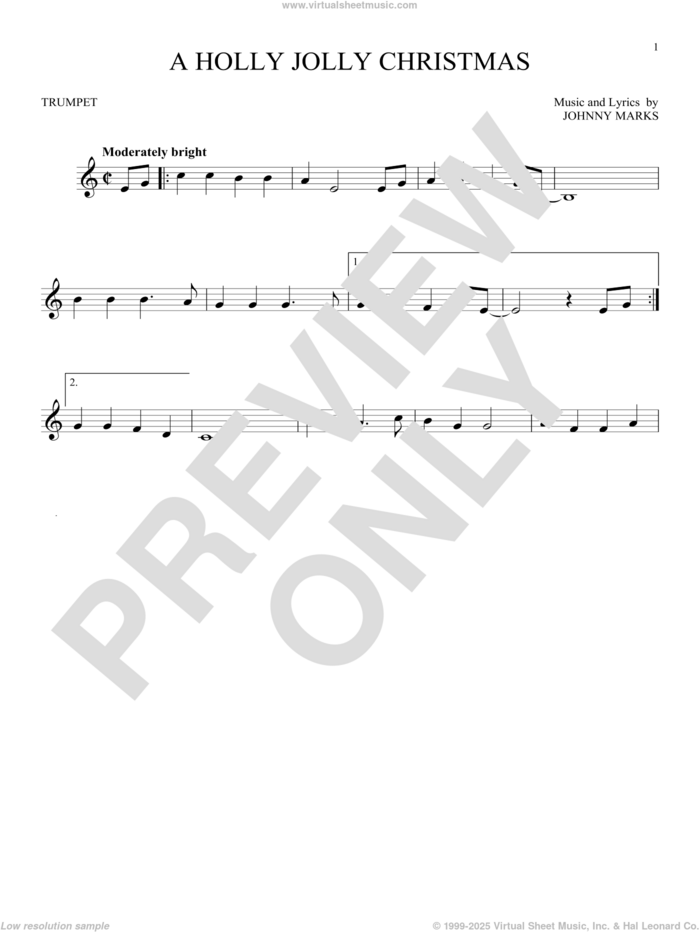 A Holly Jolly Christmas sheet music for trumpet solo by Johnny Marks, intermediate skill level