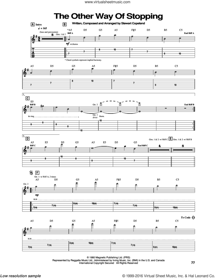 The Other Way Of Stopping sheet music for guitar (tablature) by The Police and Stewart Copeland, intermediate skill level