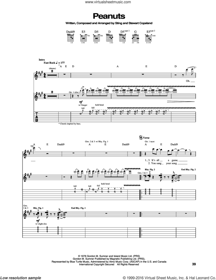 Peanuts sheet music for guitar (tablature) by The Police, Stewart Copeland and Sting, intermediate skill level