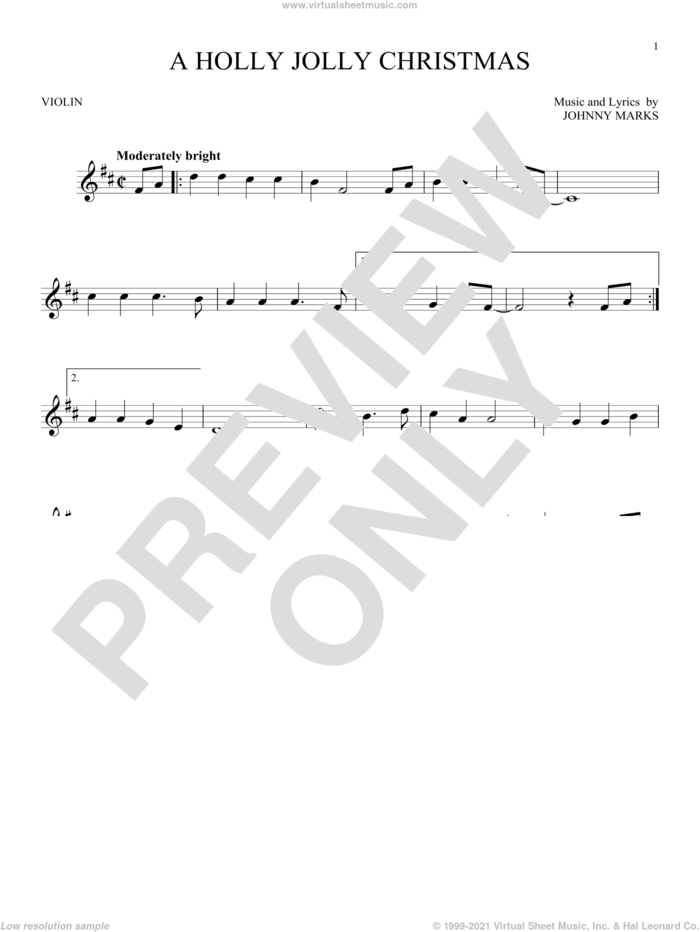 A Holly Jolly Christmas sheet music for violin solo by Johnny Marks, intermediate skill level