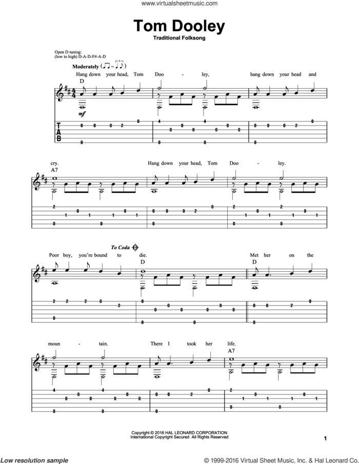 Tom Dooley (arr. Mark Phillips) sheet music for guitar solo (PDF)
