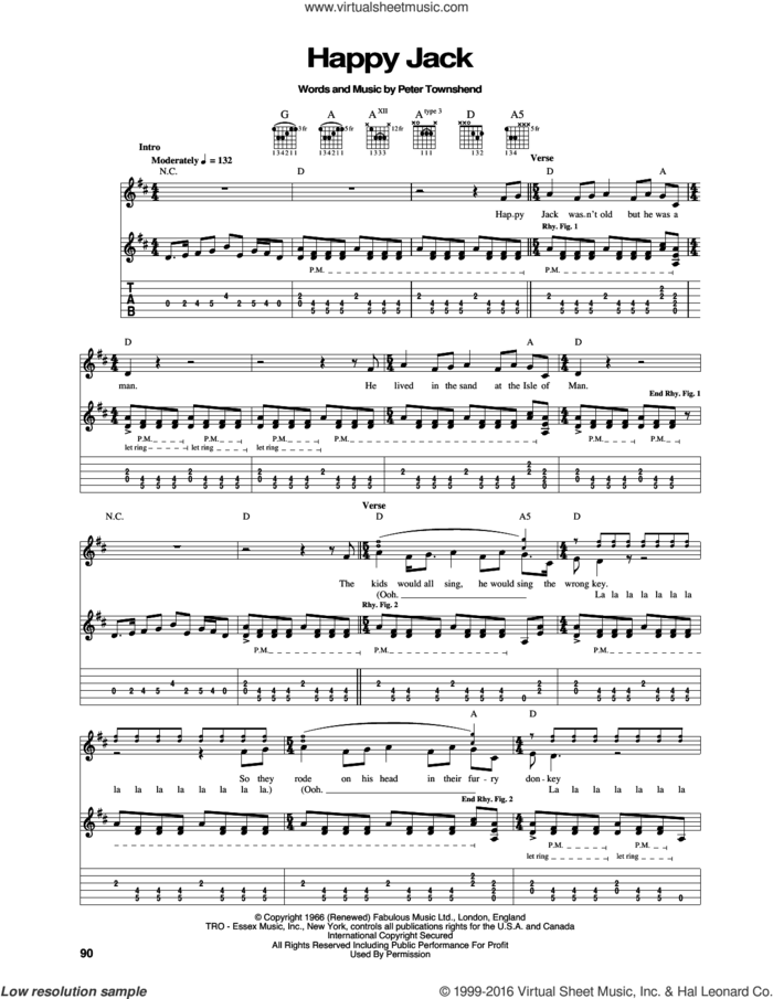 Happy Jack sheet music for guitar (tablature) by The Who and Pete Townshend, intermediate skill level