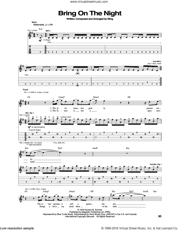 Bring On The Night sheet music for guitar (tablature) by The Police and Sting, intermediate skill level