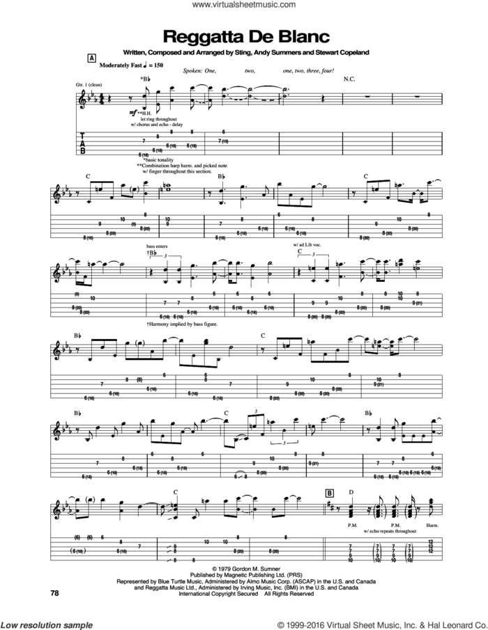 Regatta De Blanc sheet music for guitar (tablature) by The Police, Andy Summers, Stewart Copeland and Sting, intermediate skill level