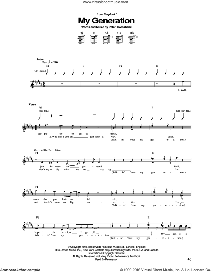 My Generation sheet music for guitar (tablature) by The Who and Pete Townshend, intermediate skill level