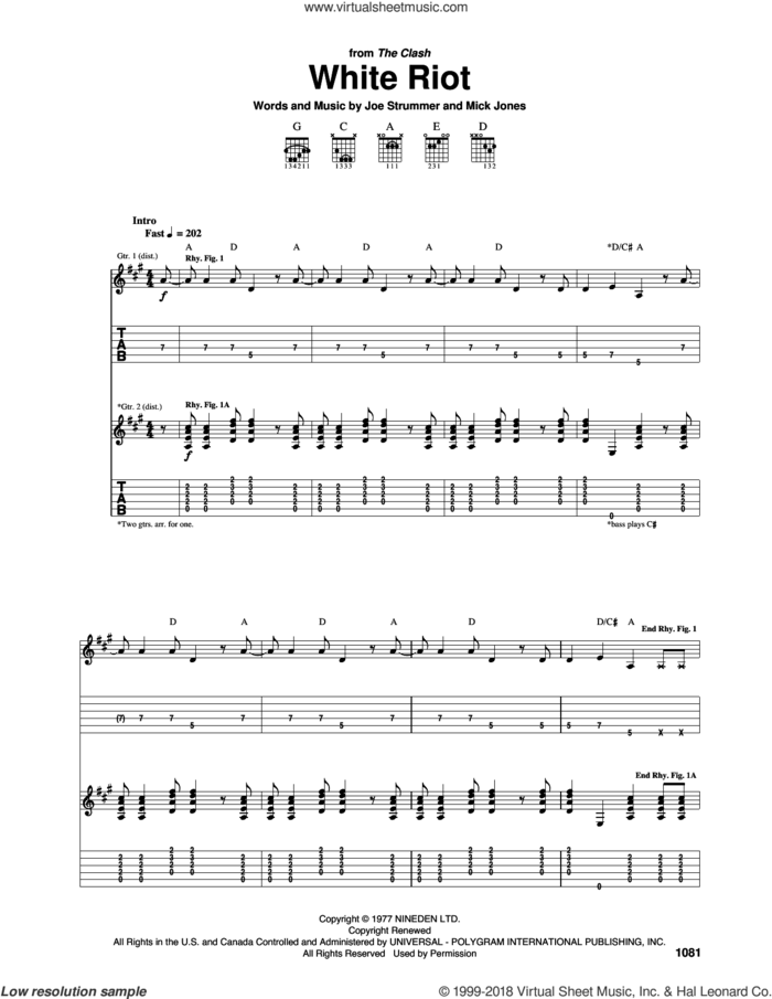 White Riot sheet music for guitar (tablature) by The Clash, Joe Strummer and Mick Jones, intermediate skill level