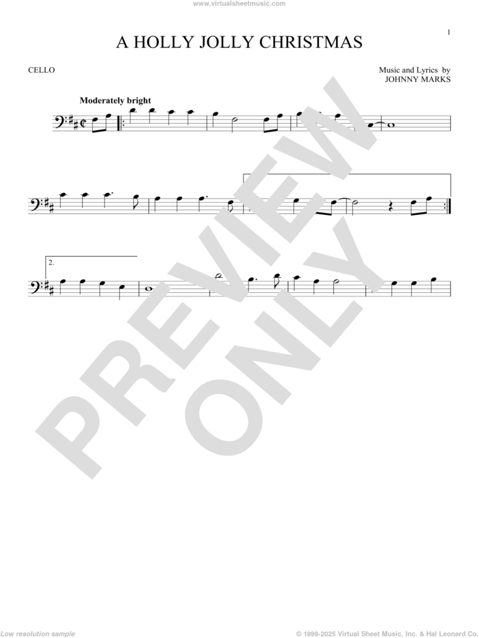 A Holly Jolly Christmas sheet music for cello solo by Johnny Marks, intermediate skill level