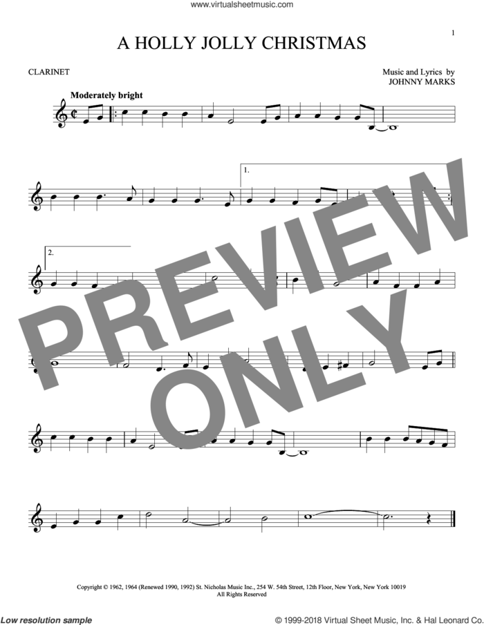 A Holly Jolly Christmas sheet music for clarinet solo by Johnny Marks, intermediate skill level