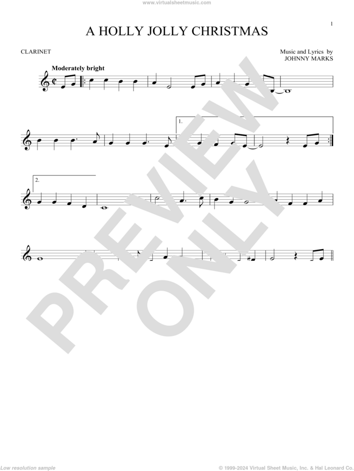 A Holly Jolly Christmas sheet music for clarinet solo by Johnny Marks, intermediate skill level